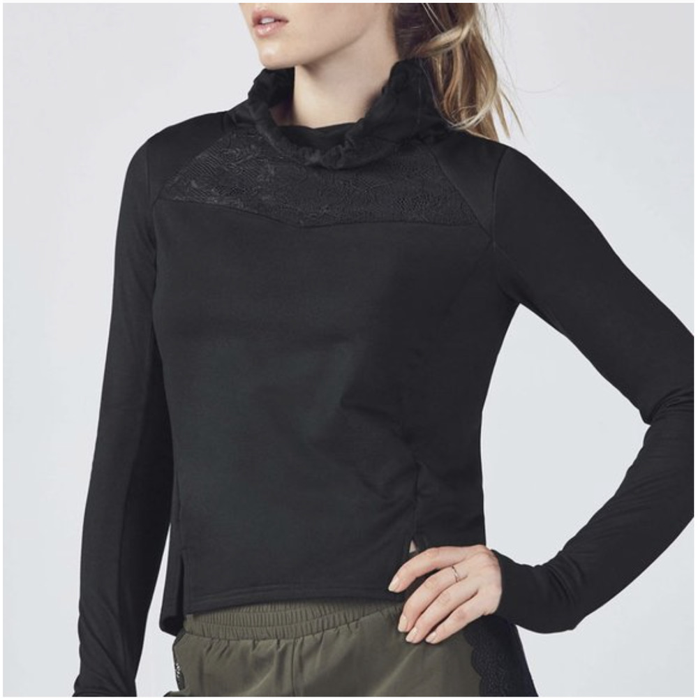 Fabletics Black Lace Cowl Jolie Sweatshirt with Toggle Neck + Thumbholes